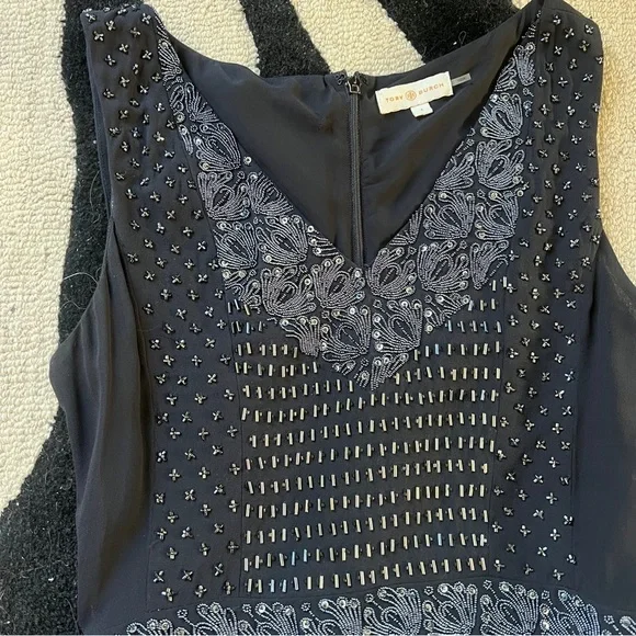 Tory Burch Silk Beaded Sequin Luxe Pleated Cocktail Dress in Navy Size 4 - Picture 13 of 16